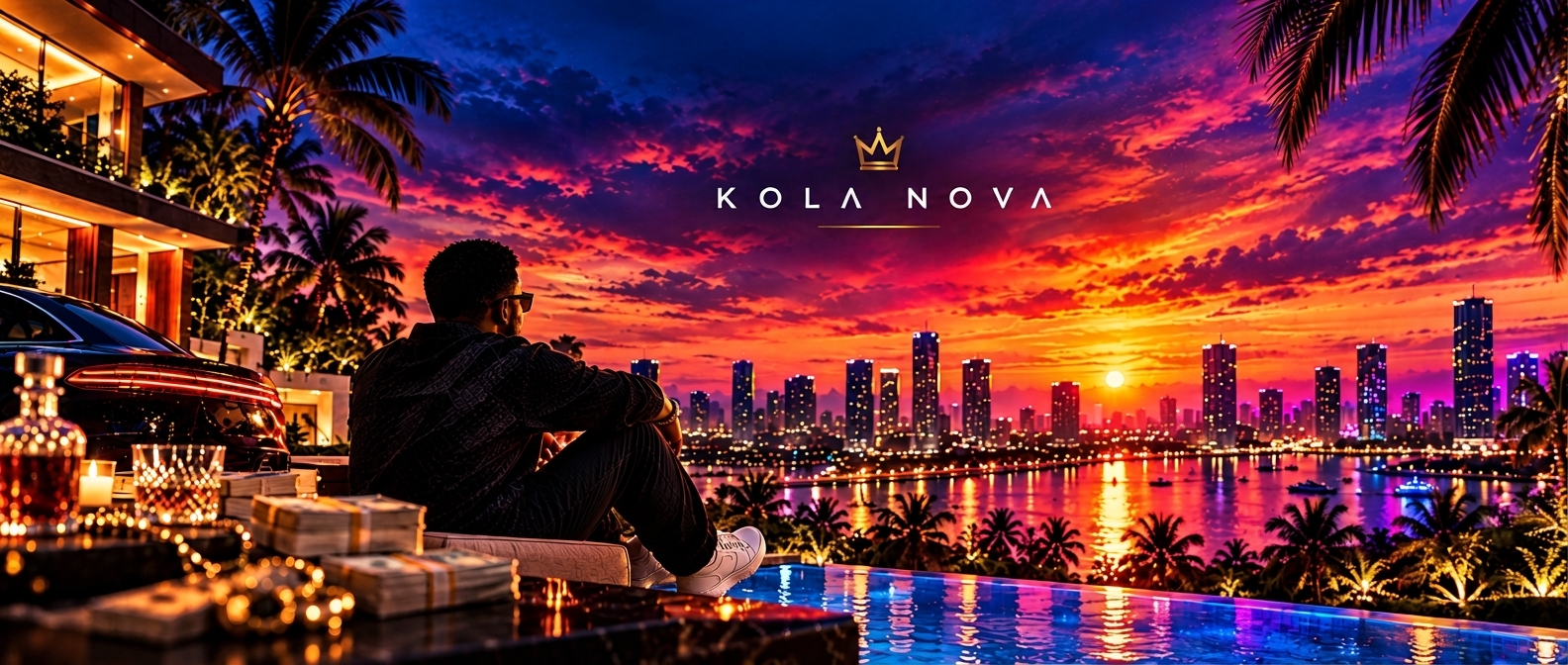 Kola Nova artwork — a man overlooking a city skyline from a villa pool at sunset, crowned by the Kola Nova mark